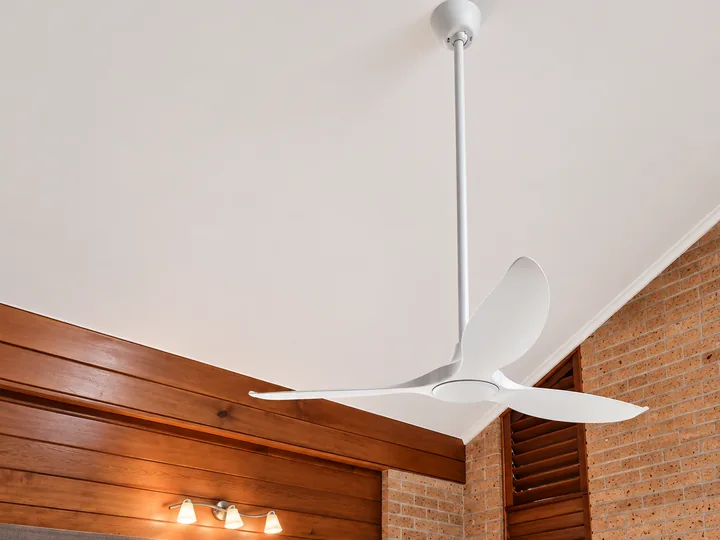 Ceiling fan hung on a downrod from a high raked ceiling