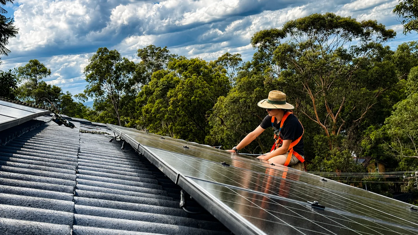 Installer fitting solar panels to a tiled roof under a blue Blue Mountains sky