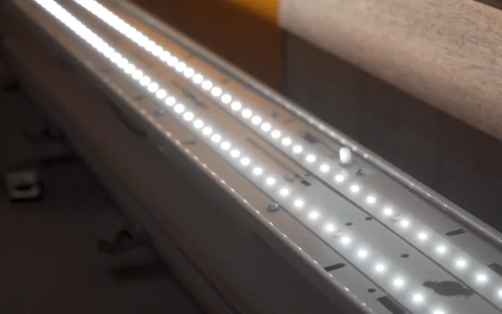 LED batten lighting installed along an industrial ceiling
