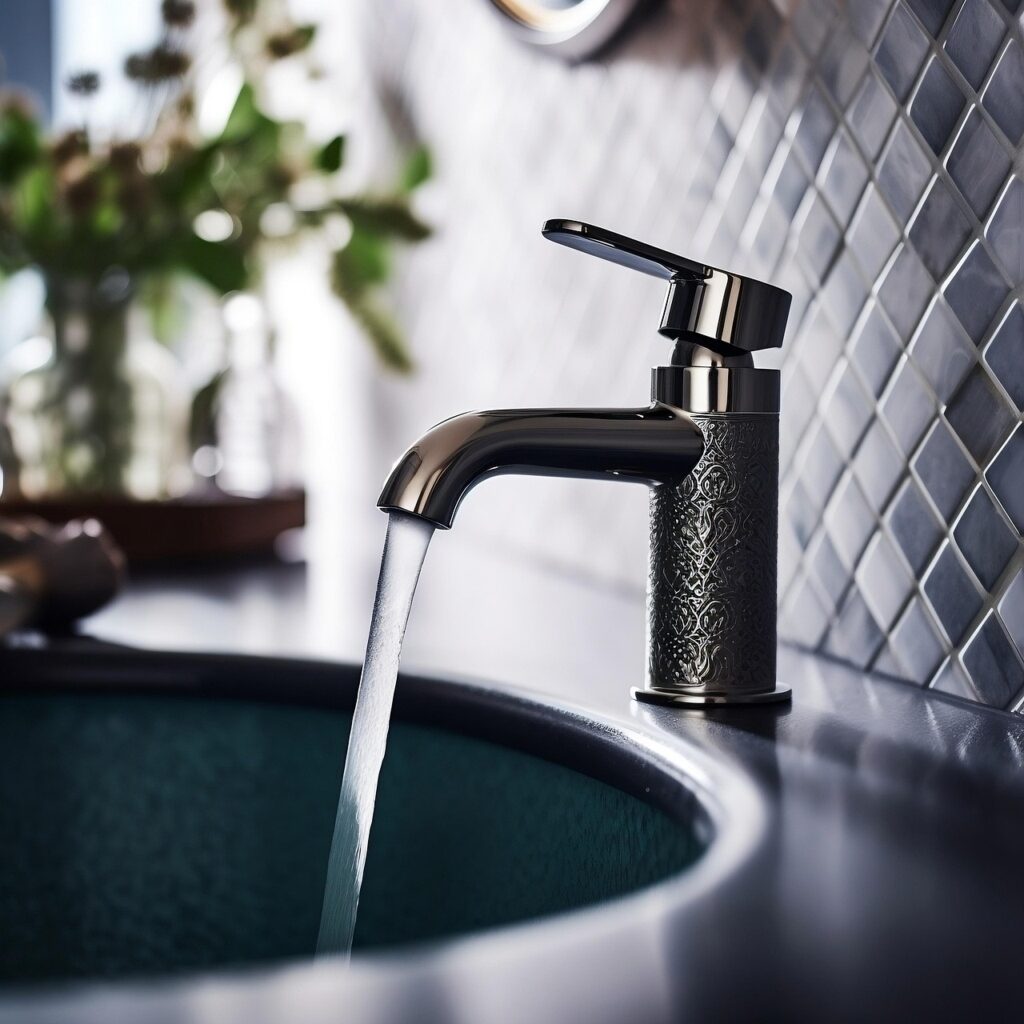 running water from a steel decorated faucet on a dark tiled vanity